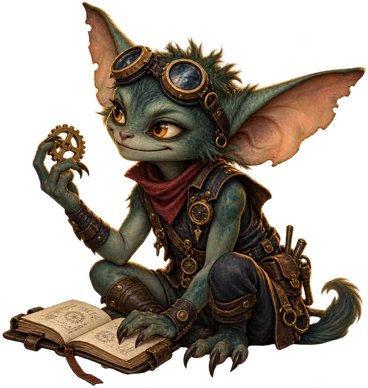 A curious gremlin chronicle keeper studying an open book