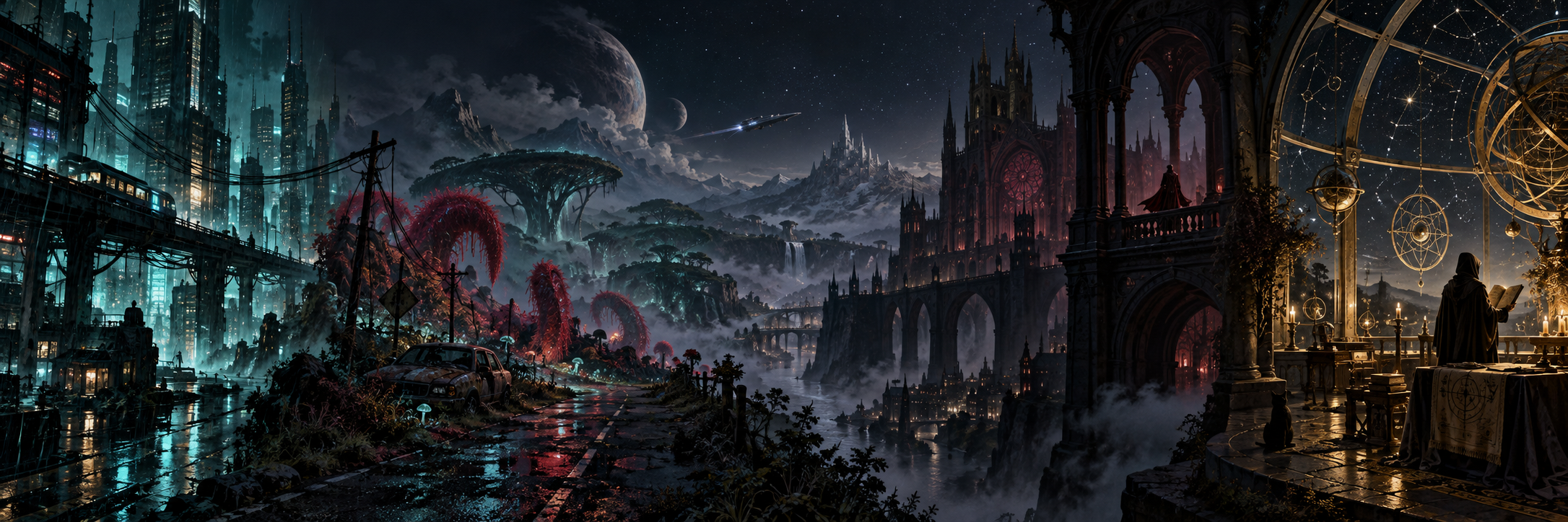 Neon city streets, strange alien wilderness, a gothic citadel, and an occult observatory share one night sky